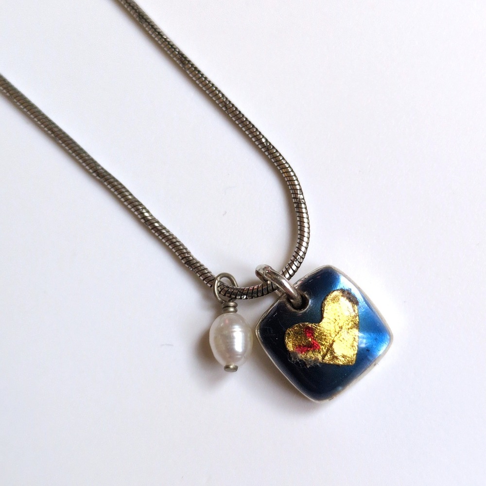 Brighton "Golden Heart" Necklace Dainty Minimalist Blue Gold Pearl Snake Chain